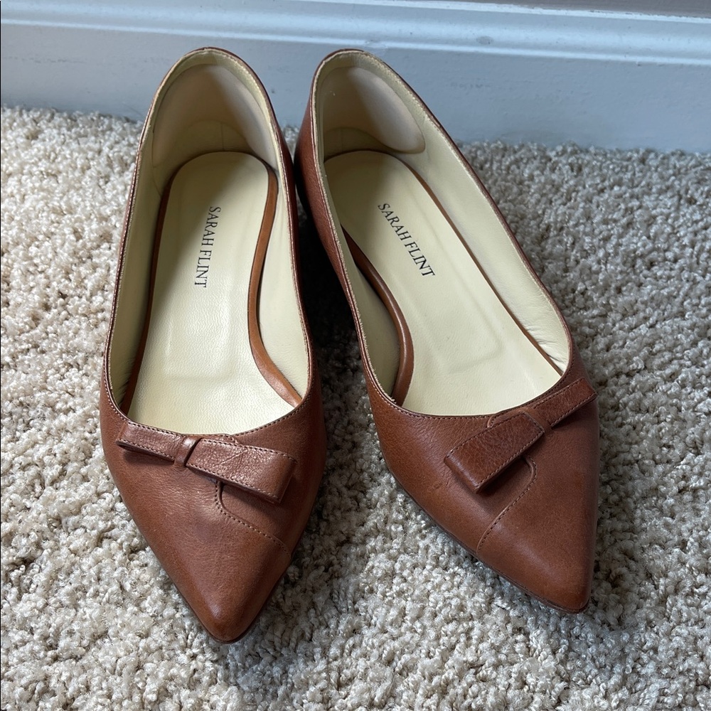 Sarah Flint Tan Leather Flats with Bow